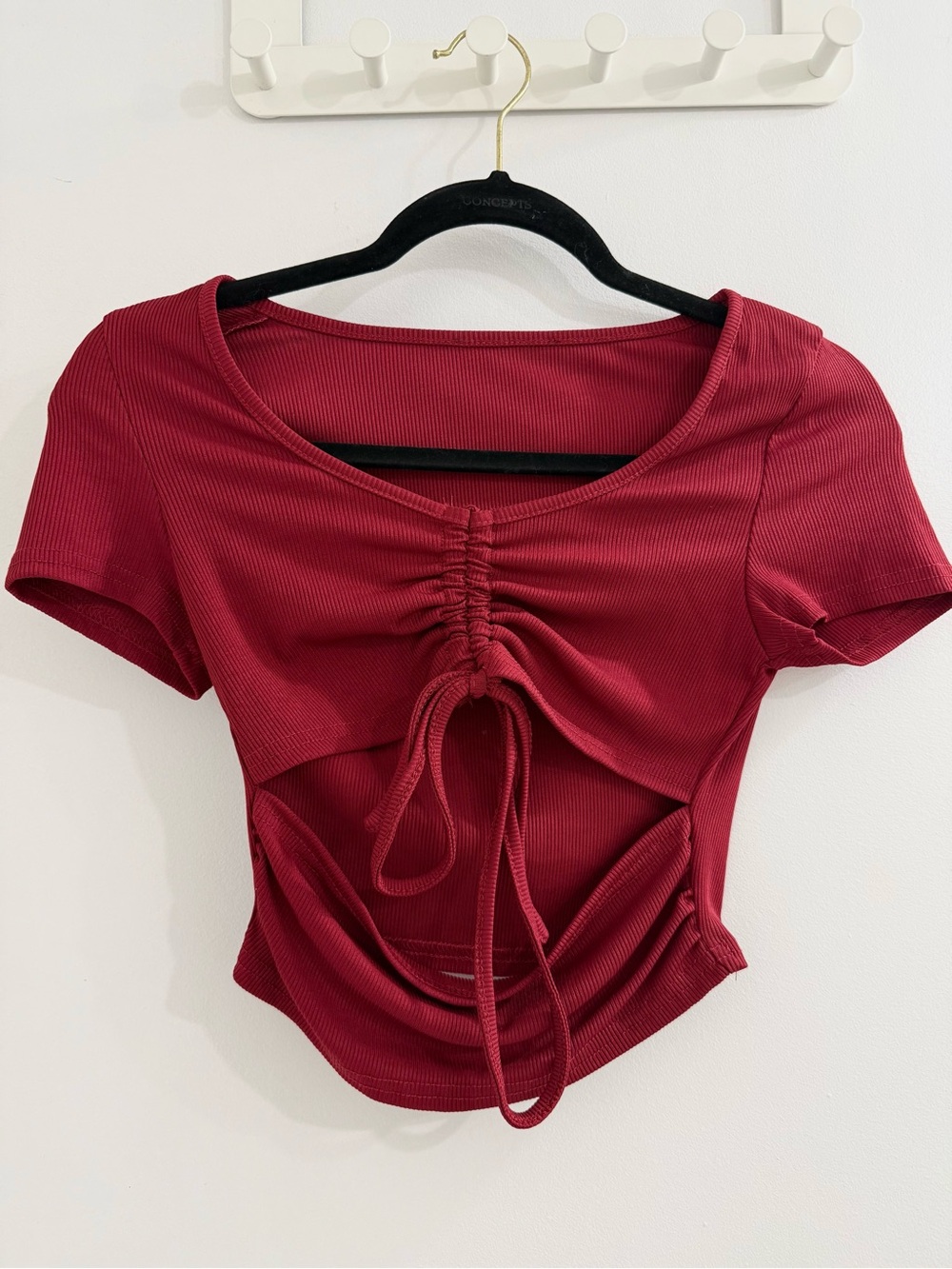 Ribbed Drawstring Cutout Crop Top - Burgundy